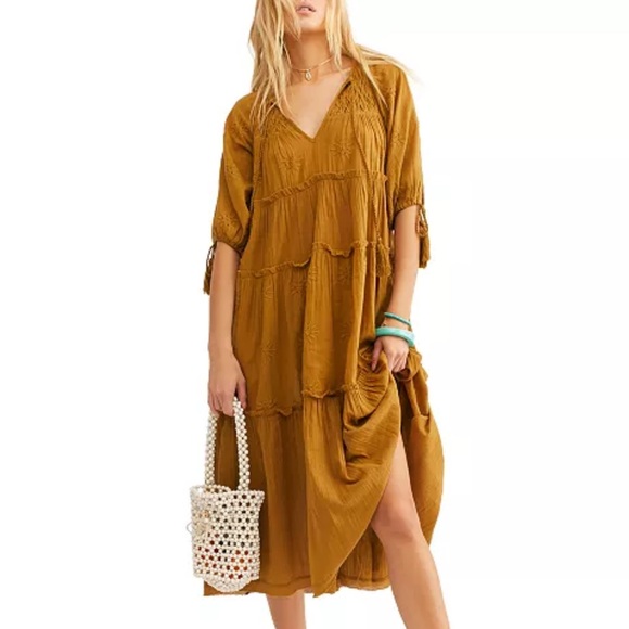 Free People Dresses & Skirts - Free People Celestial Skies Midi Dress Tiered Oversized Mustard Yellow Bronze